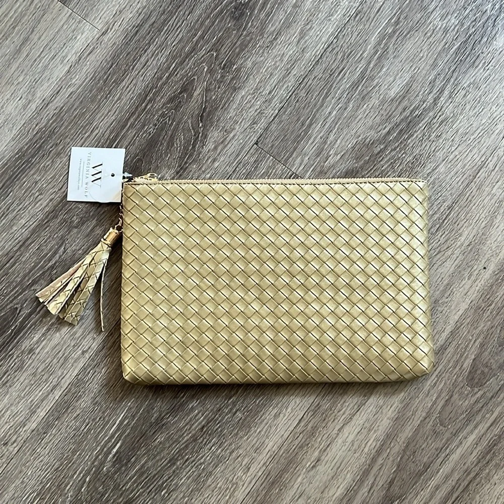Virginia Wolf Mimi Vegan Leather Woven Metallic Pouch with Tassel in Gold